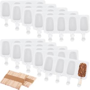 Popsicle Molds Set of 10, 40 Silicone Ice Cream Mould 4-Cavity Ice Lolly Mold Reusable Oval Cake Pop Molds Baking Molds with 200 Wooden Sticks for DIY Making Ice Candy Chocolate Jelly