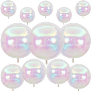 12Pcs Iridescent Round Foil Balloons, 22" 15" 10" 4D Clear Ball Balloon, Holographic Balloons for Birthday Wedding Folding Rainbow Under The Sea Mermaid Party decoration