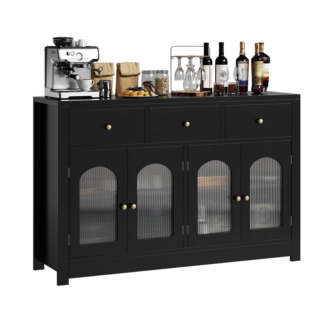 55" Buffet Cabinet with Drawers, Large Sideboard Buffet Storage Cabinet Coffe Bar with Adjustable Shelves for Kitchen Dining Living Room, Black