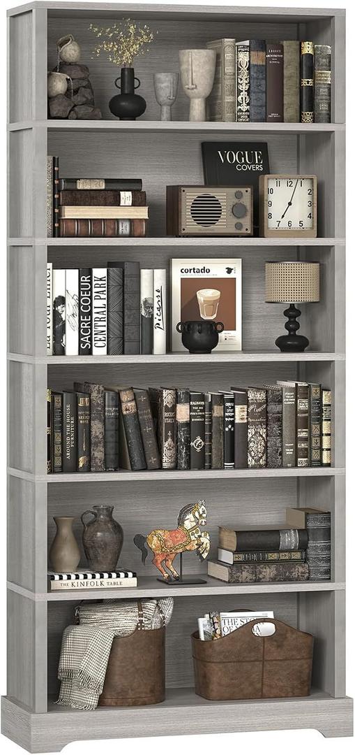 TVU 6 Tiers Wooden Bookshelf, 77.2" Tall Farmhouse Style Open Bookcase, 31.5" Wide Standing Book Shelf with Storage for Study Room, Living Room, Gray, 10.6" D x 31.5" W x 77.2" H