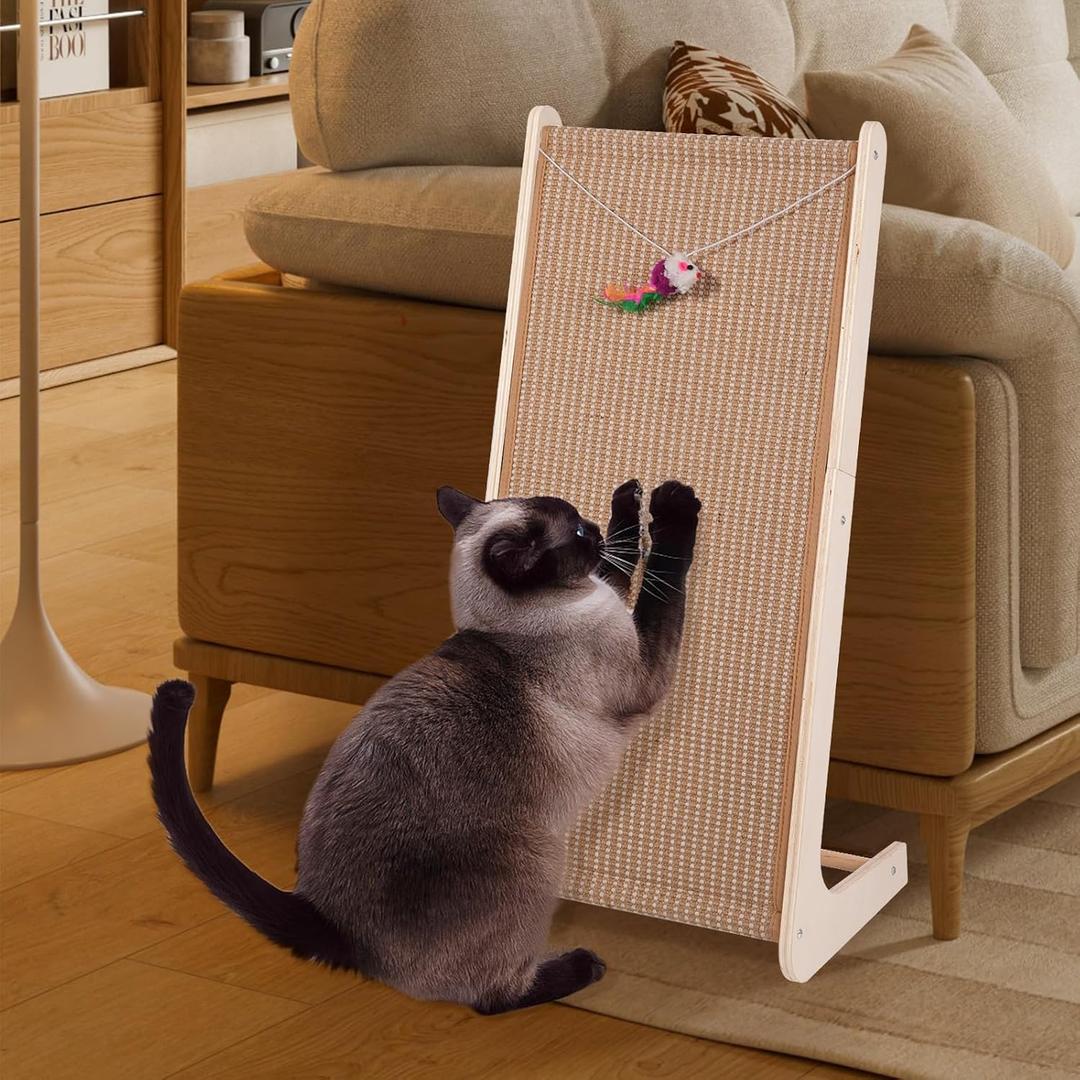 Sisal Cat Scratchers for Indoor Cats, 26.8'' L-Shape Cat Scratching Board, Solid Wooden Cats Scratch Pad with Mouse Toy, Large Cats Scratching Posts to Protect Furniture(Ramp Scratcher)