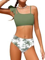 NAPU Girls Swimsuit 2 Piece Bikini Set Ruffle Bathing Suit for Girls Tropical Teen Swimsuits Summer Beach Swimwear 5-16 Years, Green 14-16