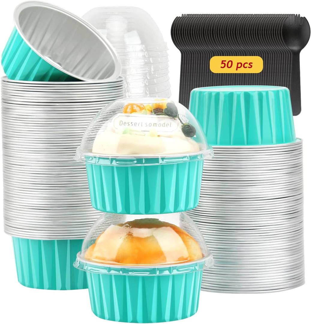 Disposable Ramekins with Lids 50 Pack,Free-Air 5oz Aluminum Foil Cupcake Cups Baking Tin,Mini Muffin Tins Cupcake Containers Holders for Home And Business -Cyan Blue