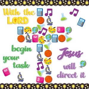 5 x BeYumi Subject Christian Bulletin Board - 88Pcs Back to School Subject Christian Bulletin Board Decor With the Lord Begin Your Task Jesus Cross Cutouts Border Trim Faith Religious Classroom Chalkboard