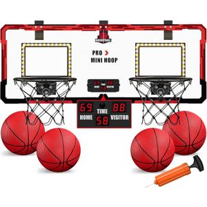 2 Player Basketball Game, Dual Shot Over The Door Mini Basketball Hoop Indoor with Scoreboard & LED, Basketball Toy Gifts for Kids Boys Girls Adults, Suit for Bedroom/Office/Outdoor/Pool, Red