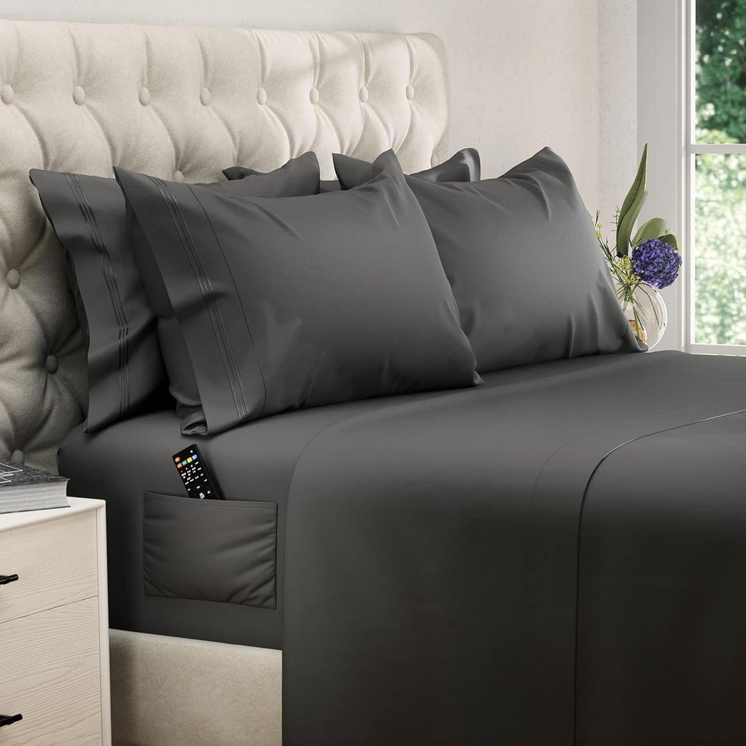 DREAMCARE King Size Sheets Set - 6 pcs Breathable Cooling Bed Sheets - up to 15" Deep Pocket King Sheet Set with Side Pockets - Extra Soft 100% Brushed Hypoallergenic Hotel Luxury Bedding - Gray