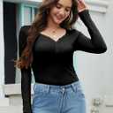 Amoretu Women's Henley Long Sleeve V Neck Shirts Slim Fitted Side Ruched Button Tops (Black, XL)