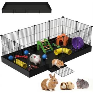 Guinea Pig Cages DIY Small Animal Playpen with Waterproof Liner, Expandable Cage for Guinea Pigs, Metal Wire Yard Fence Rabbit Cage (12 Panels - 48"L x 24"W x 16"H)