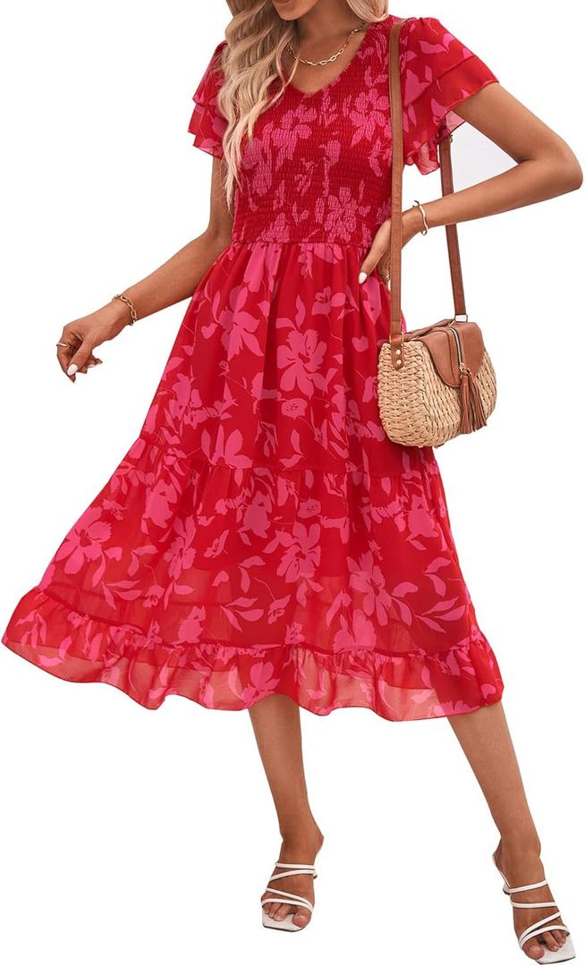 BTFBM Women Casual Summer Short Ruffles Tiered Sleeve Smocked Midi Dresses Bohemian Floral V Neck Wedding Guest Long Dresses (Small)
