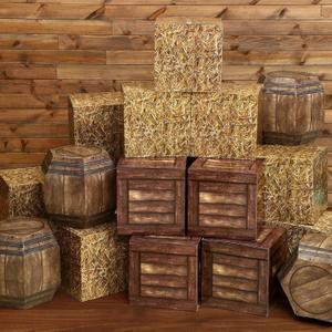 Threehoney 16 Pcs Western Cowboy Party Decorations 11.8 Inches Summer Halloween Hay Bales Boxes Decor Include Wood Grain Wine Barrel Boxes Hay Decoration for Pirate Farmhouse Western Themed Party
