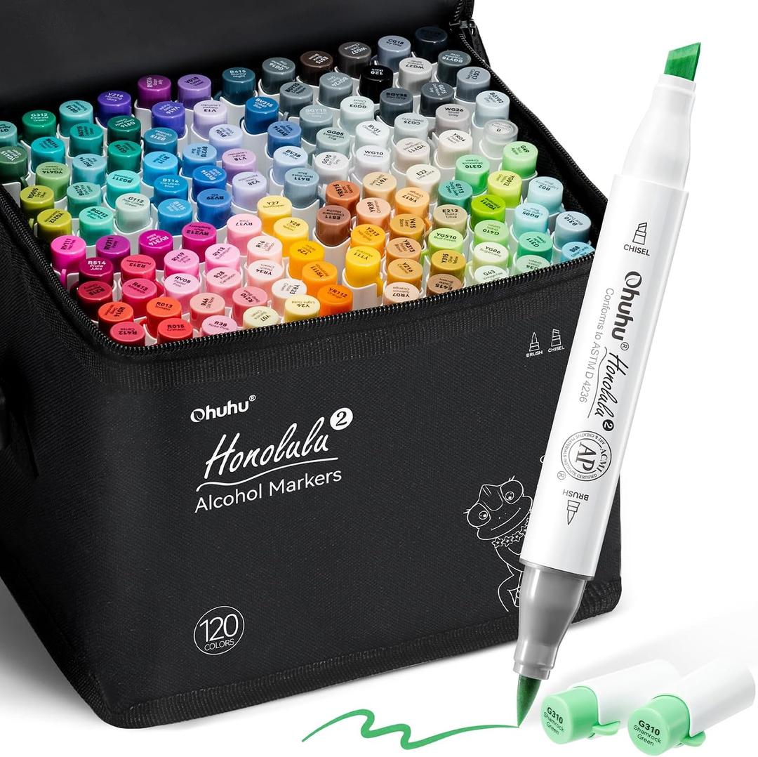 Ohuhu Alcohol Markers Brush Chisel 120 Colors for Adult Coloring Refillable