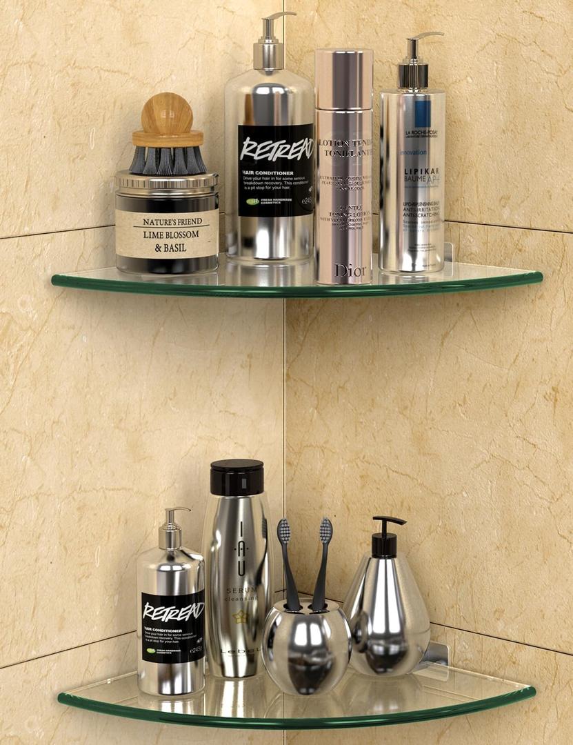 Bakzon Glass Corner Shower Shelves (2-Pack) - No-Drill Shower Caddy Organizer & Bathroom Storage, Tempered Glass with Rustproof Aluminum Brackets for Inside Shower (Clear)