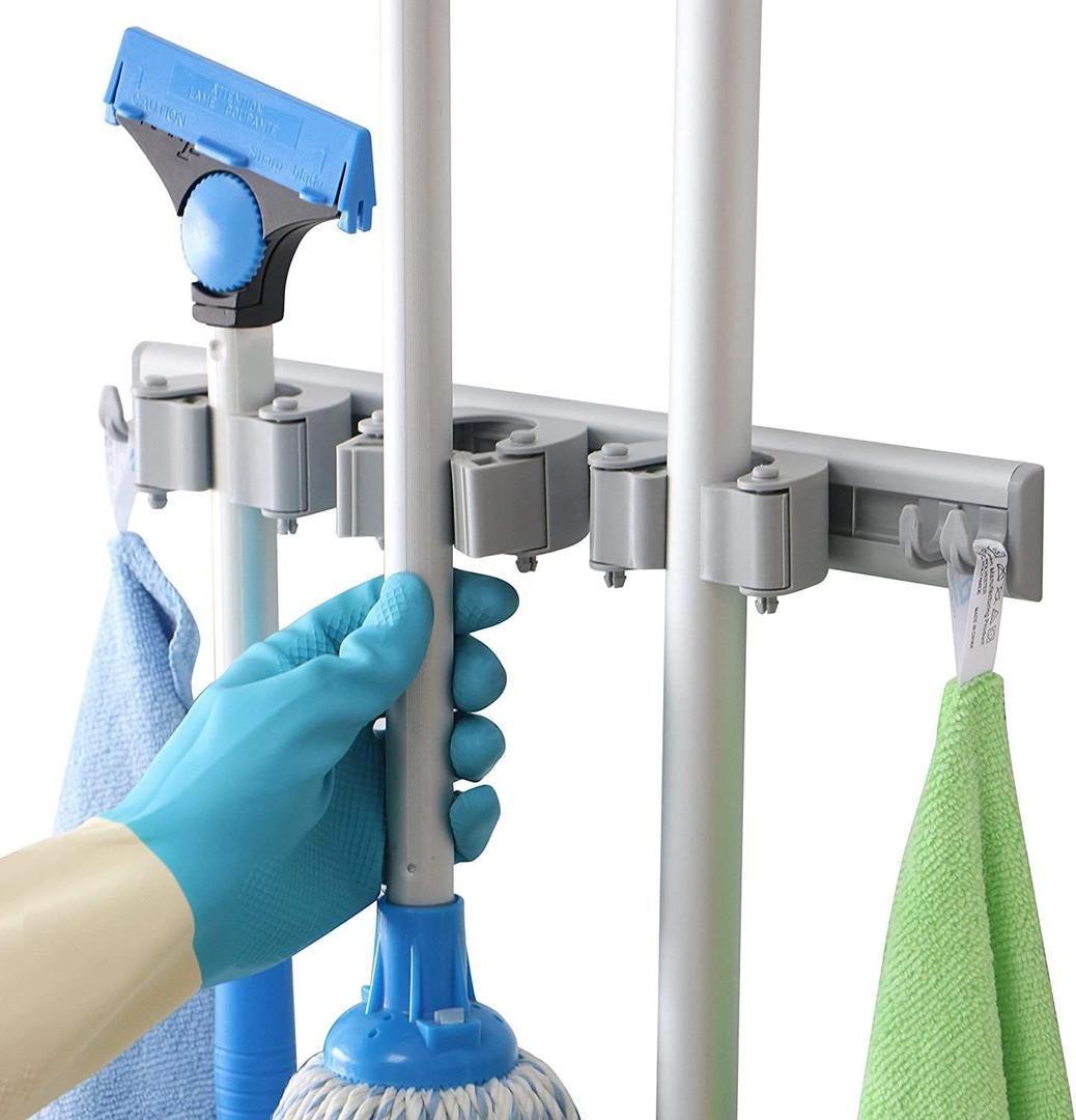DrDirt Broom Holder Wall Mount  Heavy Duty Aluminum Mop and Broom Organizer with 3 Slots & 4 Hooks, Strong Wall Mounted Storage for Kitchen, Bathroom, Laundry Room, Garage, Closet