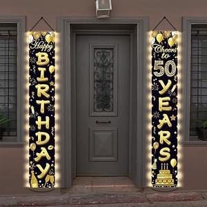 50th Birthday Party Banner Lighted Decorations for Women Men 50 Year Old Lighted Door Banners Black Gold Cheers to 50 Years Birthday Party Supplies Porch Sign with LED Light for Outside Light Decor