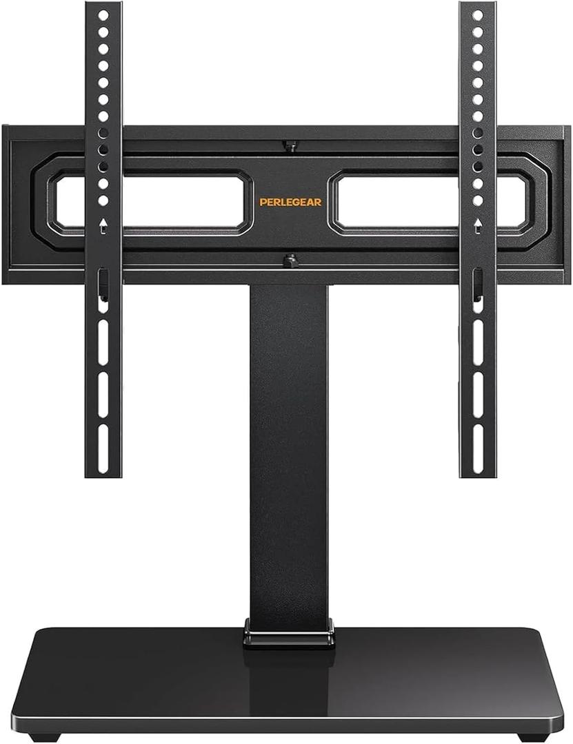 Perlegear Table Top TV Stand Mount, Universal Swivel TV Stand for 3260,65 Inch LCD/LED/OLED TVs up to 88 lbs with Tempered Glass Base, Height Adjustable TV Base with Tilt, Max VESA 400x400mm