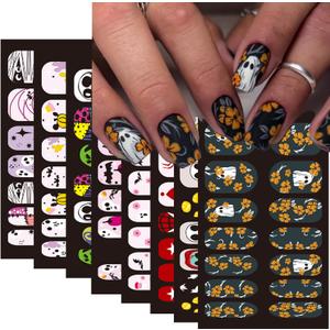 3 x 8 Sheets Halloween Nail Wraps Decals Stickers With Pumpkin Mummy Skull Spider Web and Flowers Designs Self-Adhesive Full Wrap Art for Women DIY Manicure Decoration