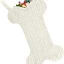 Christmas Stocking, Large Dog Bone Shape, Super Soft Cable Knit Pattern, 18", Fireplace Hanging Holiday Decoration, Knitted Xmas Stockings for Pets, Family Party Dcor, White
