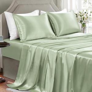 Satin Sheets Queen Size - 4 Pieces Luxury Silky Soft Bed Sheets, Wrinkle-Free Sage Green Satin Silk Sheet Set with 1 Deep Pocket Fitted Sheet, 1 Flat Sheet, 2 Pillow Cases