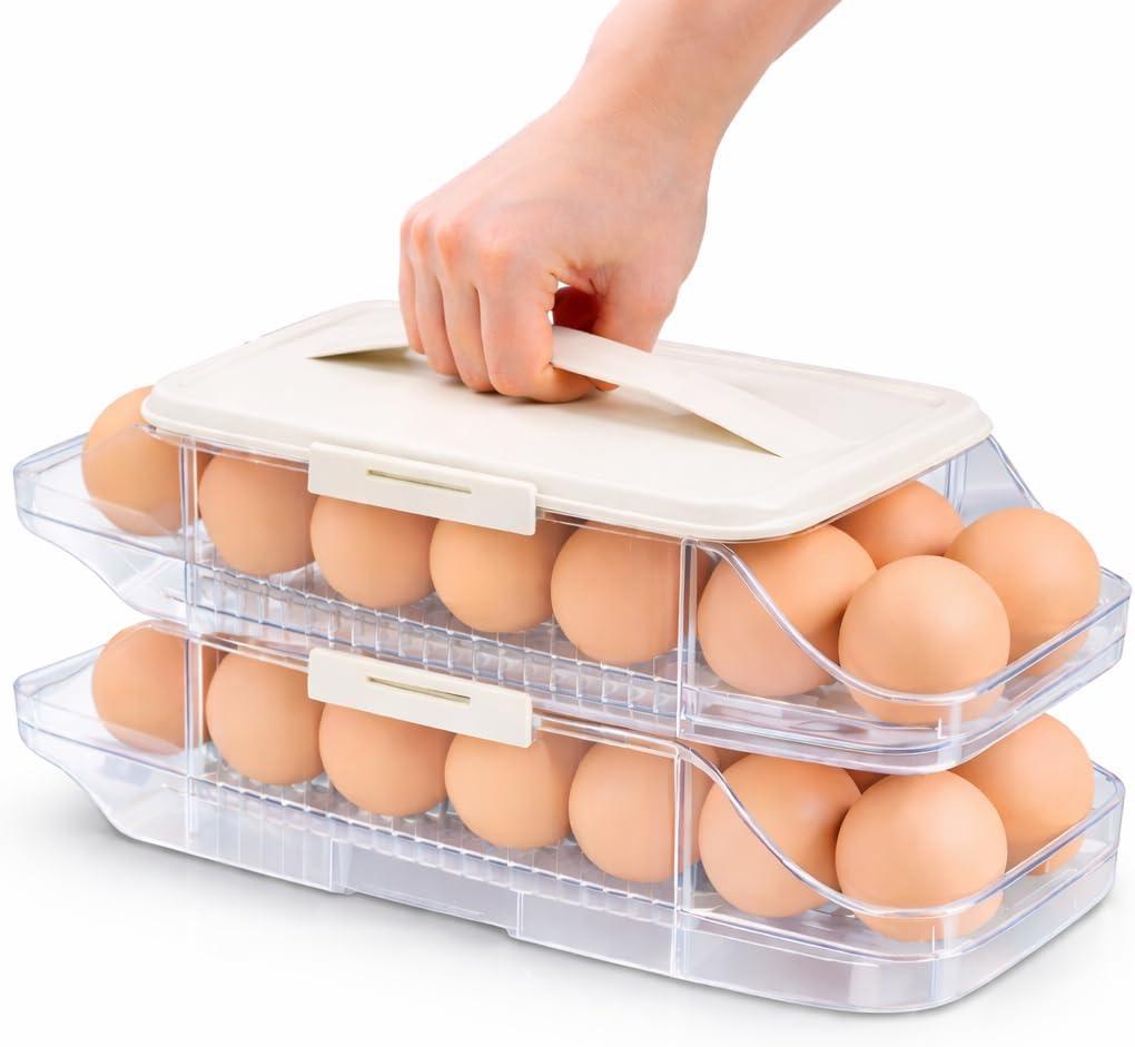 Egg Holder for Fridge Organization - 30 Slot Egg Organizer for Refrigerator with Rolling Dispenser | 2 Layers with Locking & Detachable Trays