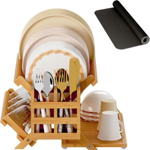 Greenual Bamboo Dish Drying Rack with Utensil Holder, 3 Tier Collapsible Dish Rack, Wooden Dish Racks for Kitchen Counter, Large Folding Drying Holder with Absorbent Dish Drying Mat (Natural)