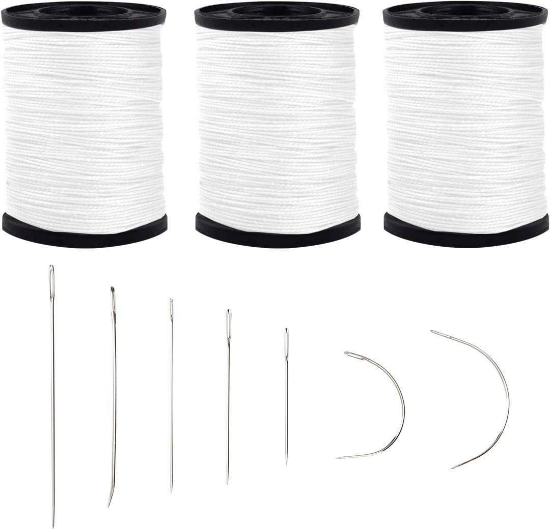 Topus Extra Strong Upholstery Repair Sewing Thread Kit and Heavy Duty Household Hand Needles, Including 7 Styles of Leather Canvas Sewing Needles and 3 Rolls Nylon Thread (70 Yard of Each Roll), White
