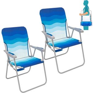 #WEJOY Folding Beach Chair for Adults, Lightweight Beach Chair with Shoulder Straps, High Back Beach Chairs with Hard Armrest, Supports 300lbs for Beach Lawn Concert (#C 2 Pack Dark Blue White)