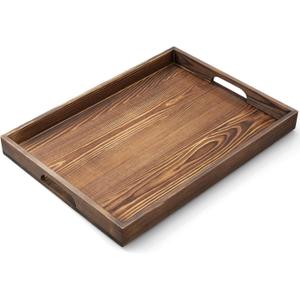 17 Inch Burnt Wood Serving Tray with Handles, Large Wooden Tray for Ottoman, Breakfast in Bed, Coffee Table, Dinner, Rectangular Tray for Living Room Bedroom Entryway and Kitchen (Brown)