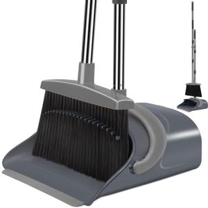 Broom and Dustpan Set, Dust pan with Long Handle, Broom with Dustpan Combo Set, Broom and Dustpan for Home, Indoor or Outdoor Cleaning Tool (Deep Gray&Light Gray)