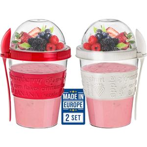 Yogurt Parfait Cups for Breakfast, Oatmeal or Fruit Container, Snack Bowl and Spoon for Lunch Box, Portable & Reusable, 2 PCs (Red & Cream)