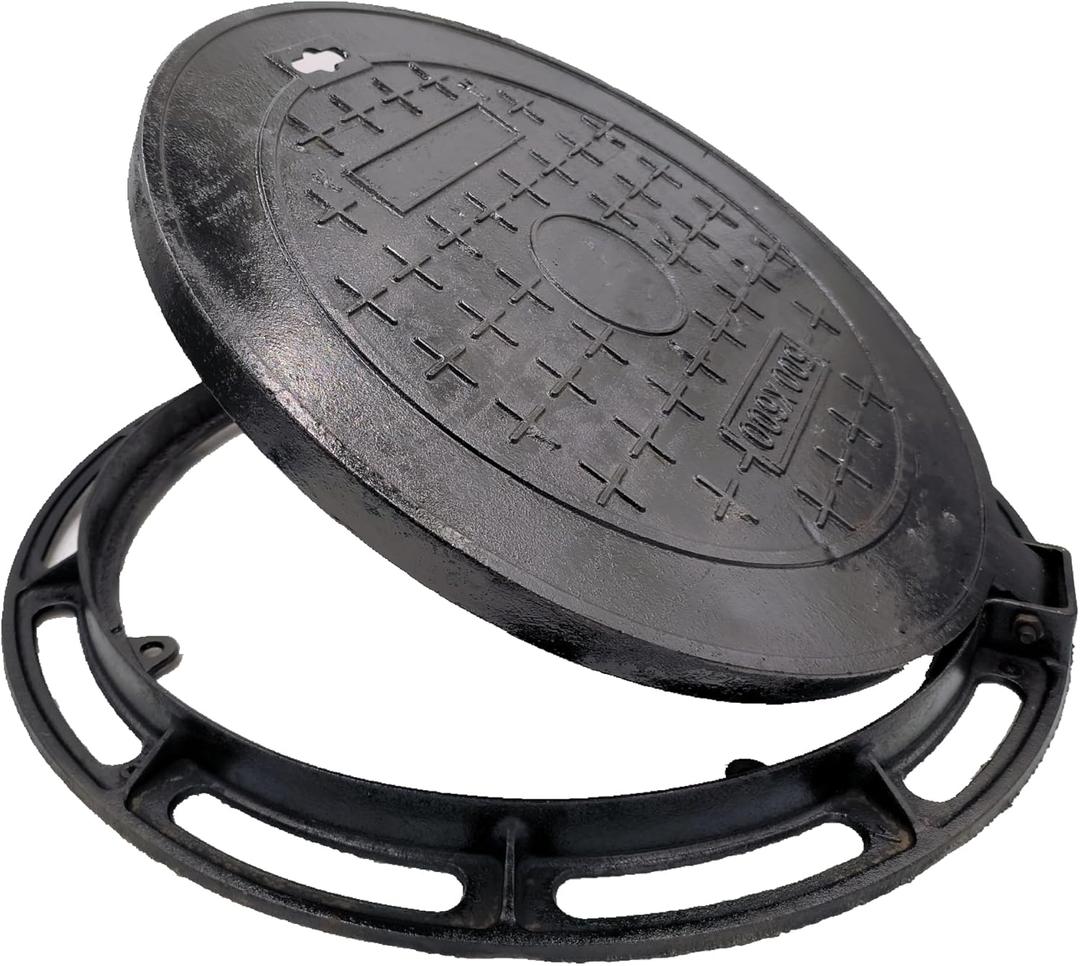 Cast Iron Manhole Cover and Frame 24, B Class Black Septic Tank Lid with Base, Round Sewage Basin Cover, Heavy Duty Metal Inspection Cover for Driveway, Concrete, Yard (True 23.6)