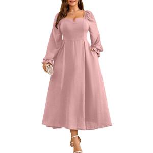 RWJ Long Sleeve Dress for Women 2025 Fall V Neck Elegant Flowy Plus Size Formal Wedding Guest Maxi Dresses with Pockets (Pink)