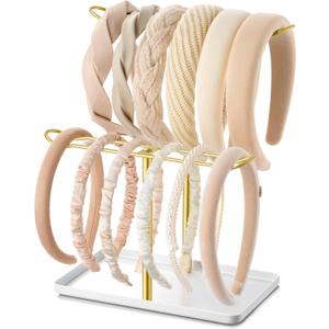 Headband Holder Organizer, 2-Tier T-bar Storage Stand with Tray for Hair Accessories Hairband Hair Clip, for Girls Women, Gold & White
