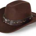 Women-Classic-Western-Cowboy-Shapeable-Hat - Men-Roll-Up-Wide-Brim-Felt-Fedora-Hats-Cowgirl-Hat with Belt Buckle(M-L) (Brown)