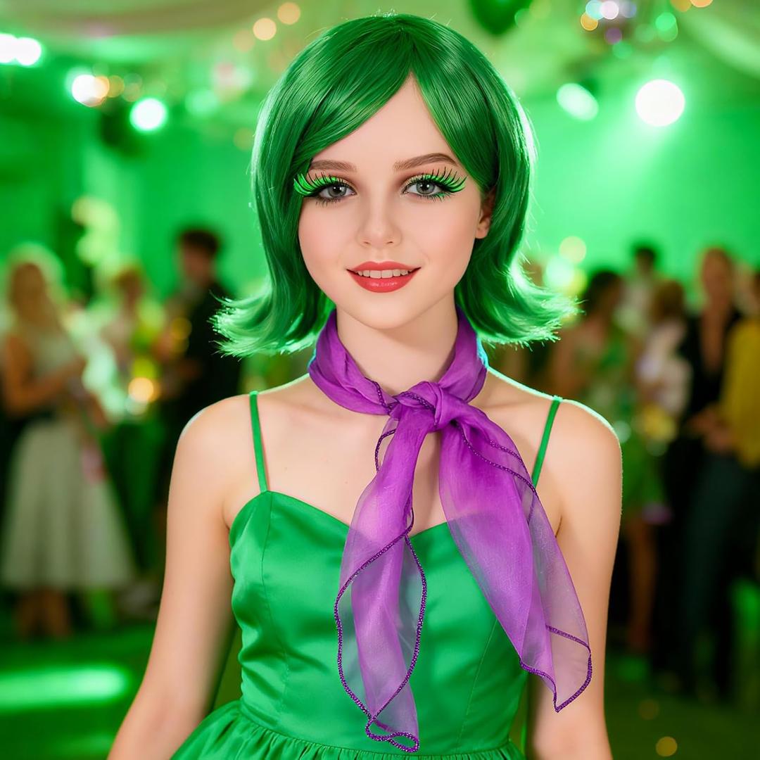 MEEZY Women Green Wig with Purple Scarf and Green False Eyelashes, Halloween Costume Cosplay Wig Heat Resistant Synthetic Hair for Adults Anime Cosplay Christmas Party St. Patrick's Day Daily Use