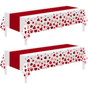 Childom 2 Pcs Valentines Day Tablecloths for Valentines Day Decorations,54" x 108" Disposable Plastic Tablecloths,Rectangle Heart Table Cover for Party Decorations Mothers Day Anniversary Birthday, Red Valentines Heart Stripe