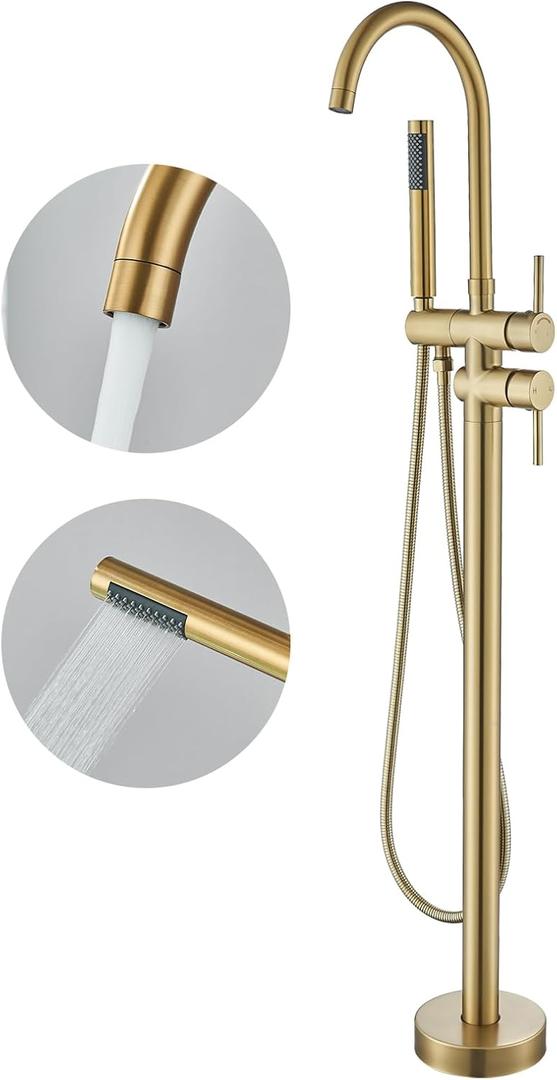 Freestanding Bathtub Faucet Floor Mount Tub Filler Brushed Gold High Flow Shower Faucets with Handheld Shower Mixer Taps Swivel Spout for Bathroom