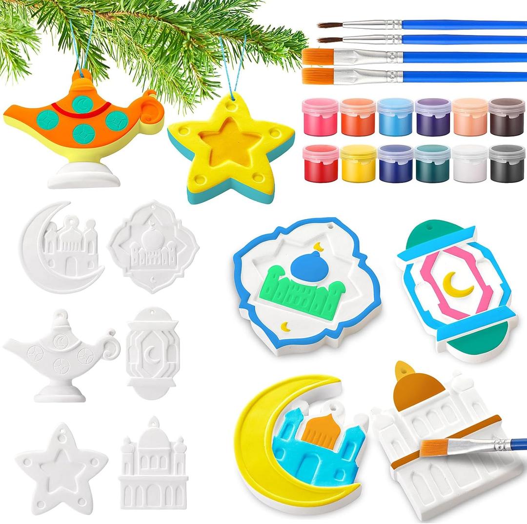 Suzile 40 Pcs Ramadan DIY Painting Gifts Arts and Crafts Eid Gifts Ceramic Painting Kit Includes Paint Own Plaster Stones with Paints Brushes, Plaster Drawing Kits for Ramadan DIY Activities