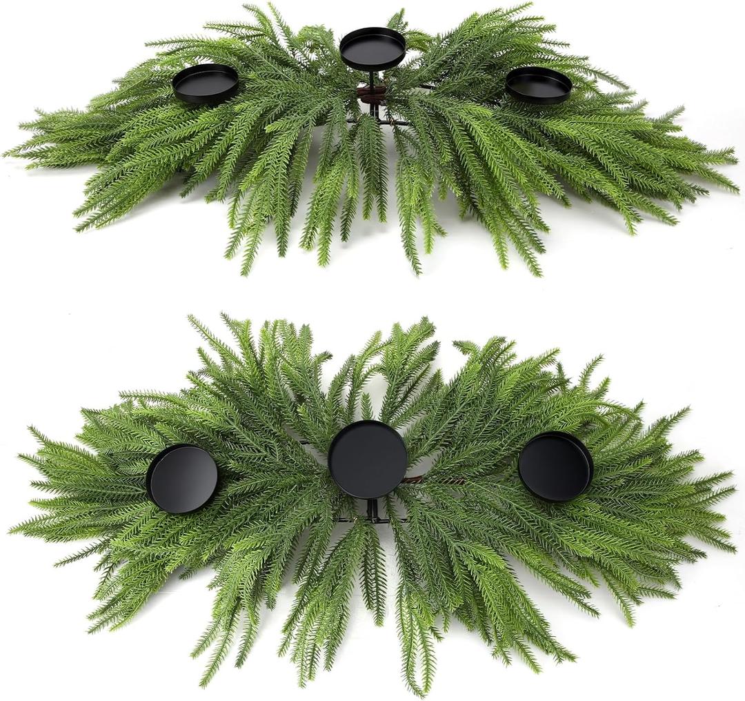 Norfolk Christmas Table Centerpiece With3 Candle Holders Norfolk Pine Tabletop Needle Decoration for Holiday Dining Table Center Kitchen Cabinet Fireplace Home Indoor Decor