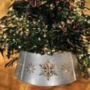 29" Galvanized Metal Christmas Tree Collar with String Lights, Snowflake Diecut Christmas Tree Collars for Artificial Trees, Beautiful Metal Tree Collar Decorates Your Home for the Holidays