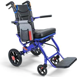 Lightweight Foldable Transport Wheelchair for Seniors Adults, Blue
Portable Travel Wheelchair Aluminum Frame 220LBS Weight Capacity 19.4 LBS Light Chair 2" Thick Leather Padded Seat Cushion