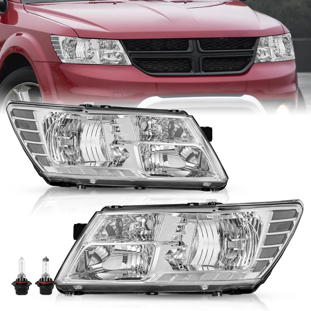 Headlight Assembly Set for 09-20 Dodge Journey Driver and Passenger Side Chrome Housing Clear Reflector Bulbs Included