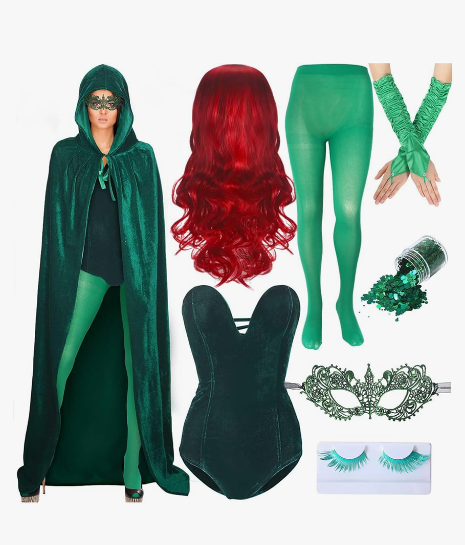 Halloween Green Costumes for Women Adult Witch Cloak Cosplay Outfits Accessories Set
 L