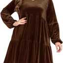 EORANF Women's Velvet Dress Long Sleeve Loose Flowy Swing Tunic Velvet Dress Plus Size Dress with Pocket, L