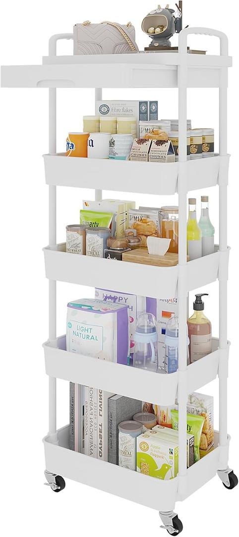 Calmootey 5Tier Rolling Utility Cart with Drawer,Multifunctional Storage Organizer with Plastic Shelf & Metal Wheels,Storage Cart for Kitchen,Bathroom,Living Room,Office,White