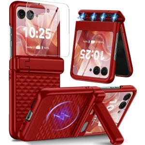 Magnetic for Motorola Razr Ultra 2025 Case [Fit for Magsafe] [Hinge ProtectionKickstand] [Built-in Screen Protector] [15 FT Drop Protection] Shockproof Slim Phone Case for Moto Razr Ultra 2025 (Red)