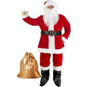 WeGuard Santa Claus Costume for Men 11pcs Set Adult Santa Suit Christmas Deluxe Velvet Xmas Cosplay Holiday Outfit, XL