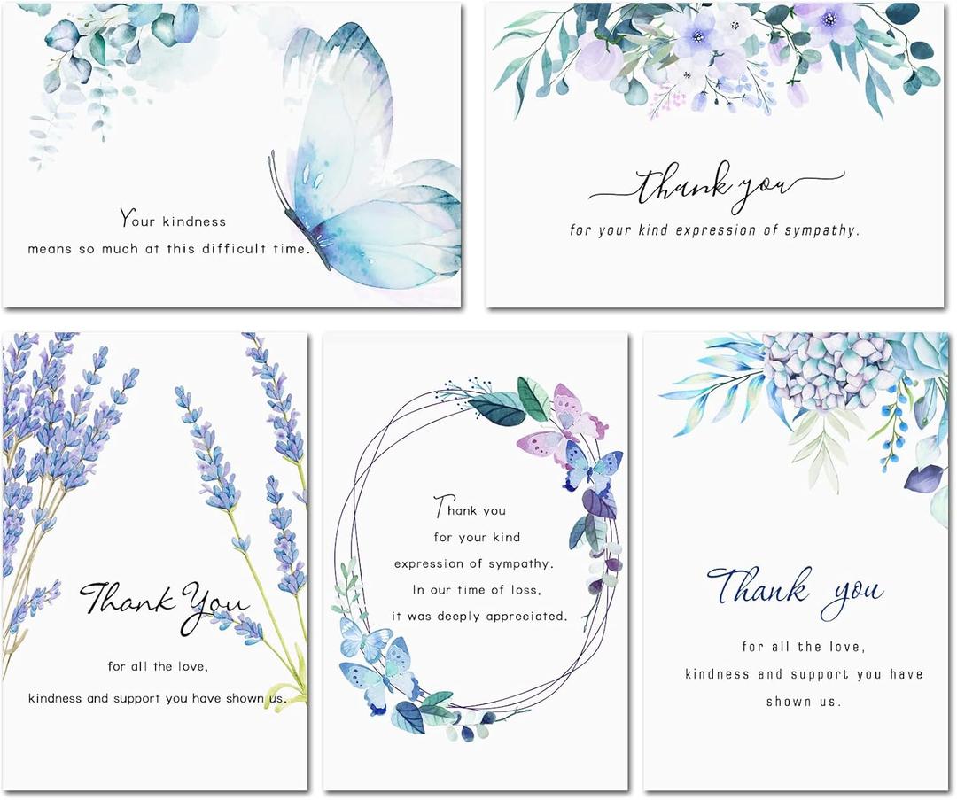 Hunanyume 50 Pack Funeral Thank You Cards with Envelopes, Stickers & Message Inside, 46 in Watercolor Flowers Butterflies Bereavement Sympathy Thank You Cards for Funeral Family Friends Loved Ones (Assorted/Multicolor)