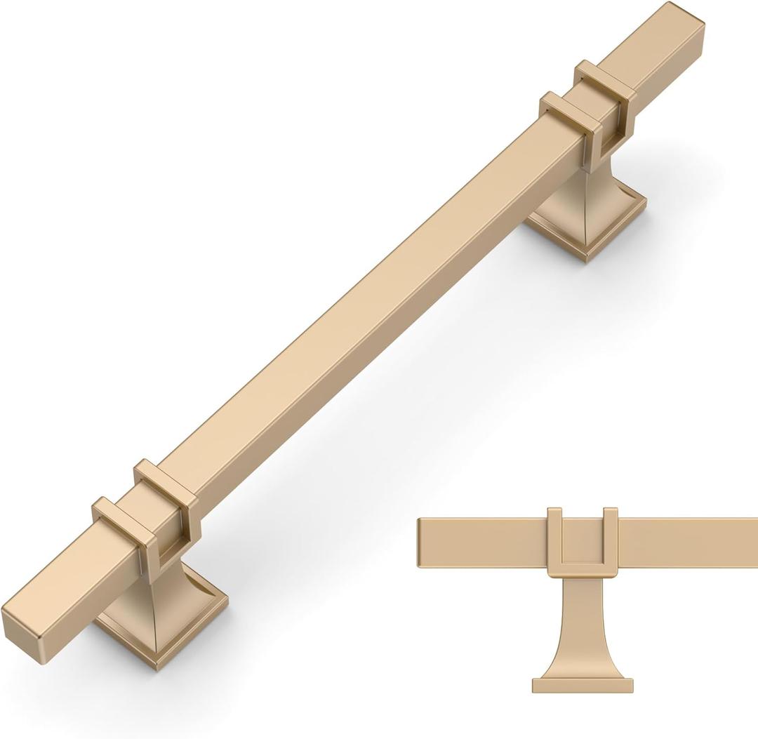 Amerdeco 10 Pack Champagne Gold Cabinet Pulls 5 Inch(128mm) Hole Center Drawer Pulls Cabinet Hardware Kitchen Cabinet Handles for Bathroom ZH0067