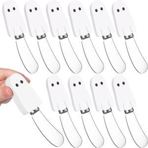 Sieral 10 Pcs Halloween Cheese and Butter Spreader Knives Ghost Cheese Spreader Butter Knives Multipurpose Halloween Decor with Hand Painted Wooden Handle Stainless Steel Blade