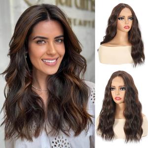 Brown Highlight Wig 18 Inch Medium Length Wigs for Women - Middle Part Synthetic Hair Wavy Wig with Upgraded Strands, Natural Hair Wig for Daily Party & Halloween Use